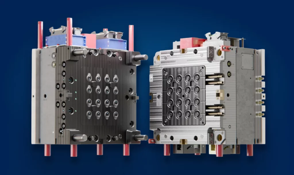 Front and rear views of a 16-cavity injection mold assembly.